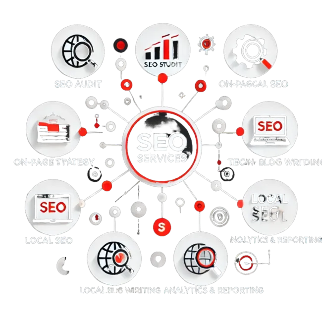 _202408081406 _ A minimalist image depicting SEO services that boost visibility using only black, white, and red colors. Central hub labeled ‘SEO Services’ with conne _202408081406 _ A minimalist image depicting SEO services that boost visibility using only black, white, and red colors. Central hub labeled 'SEO Services' with conne