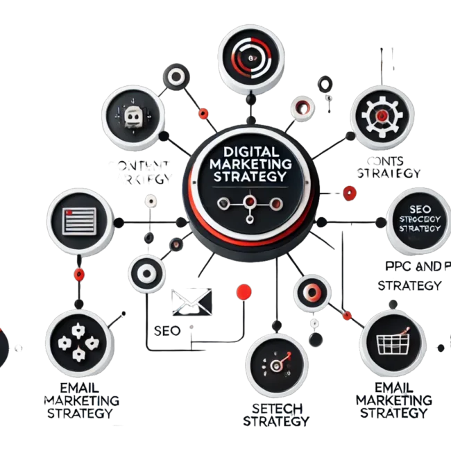 _202408081421 _ A minimalist image showcasing a digital marketing strategy with various components. Use only three colors_ black, white, and red. Depict a large centr _202408081421 _ A minimalist image showcasing a digital marketing strategy with various components. Use only three colors_ black, white, and red. Depict a large centr